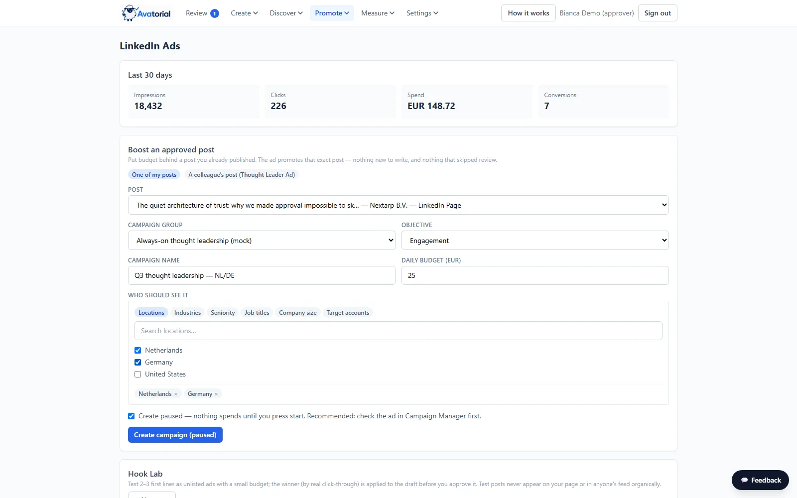 Avatorial LinkedIn Ads skærm: boost et godkendt opslag med kontobaseret målretning, Hook Lab A/B hook-tests med live CTR, og en kampagnetabel — hver kampagne starter på pause