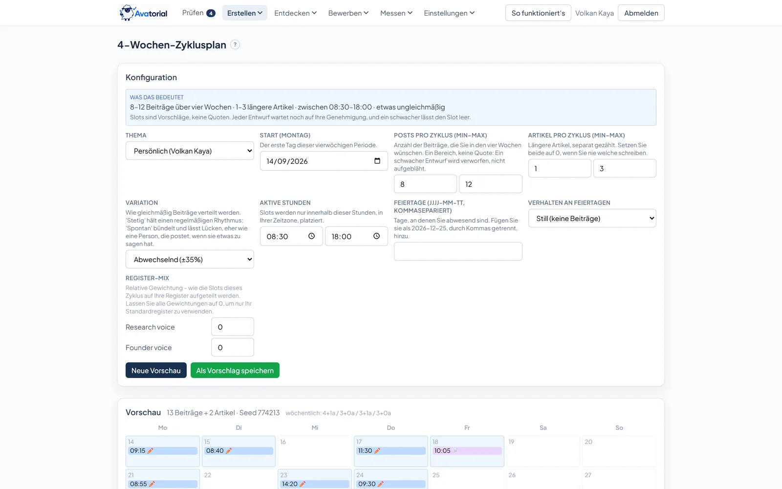 Avatorial-Vier-Wochen-Plan: Beiträge und Artikel pro Zyklus, Variationsstimmung, aktive Zeiten und Feiertagsverhalten, mit einem Planvorschlag zur Freigabe