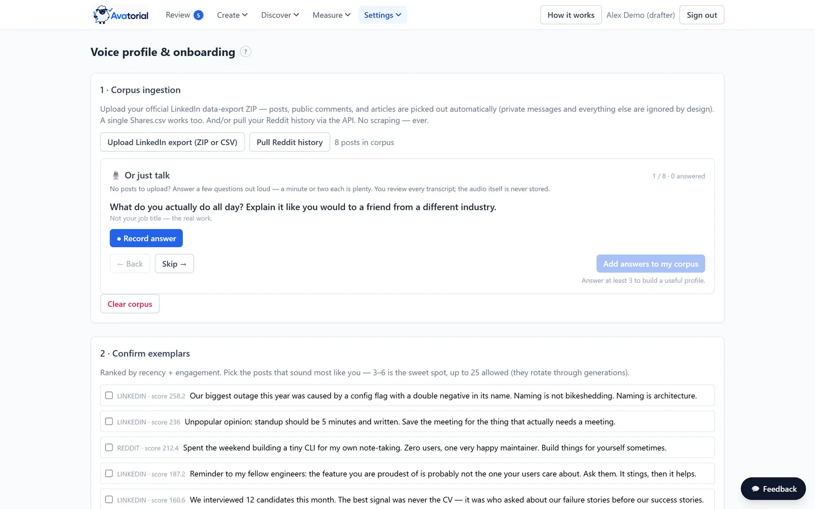 Avatorial voice profile screen: LinkedIn archive and Reddit history ingestion, and exemplar posts ranked by engagement for the user to confirm