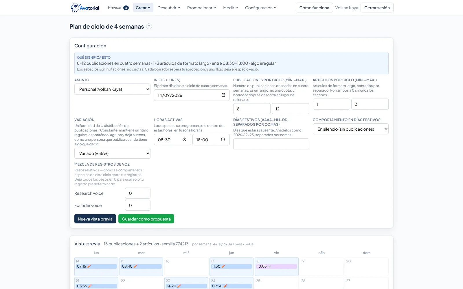 Plan de ciclo de cuatro semanas de Avatorial: publicaciones y artículos por ciclo, ánimo de variación, horas activas y comportamiento en festivos, con un plan propuesto a la espera de aprobación