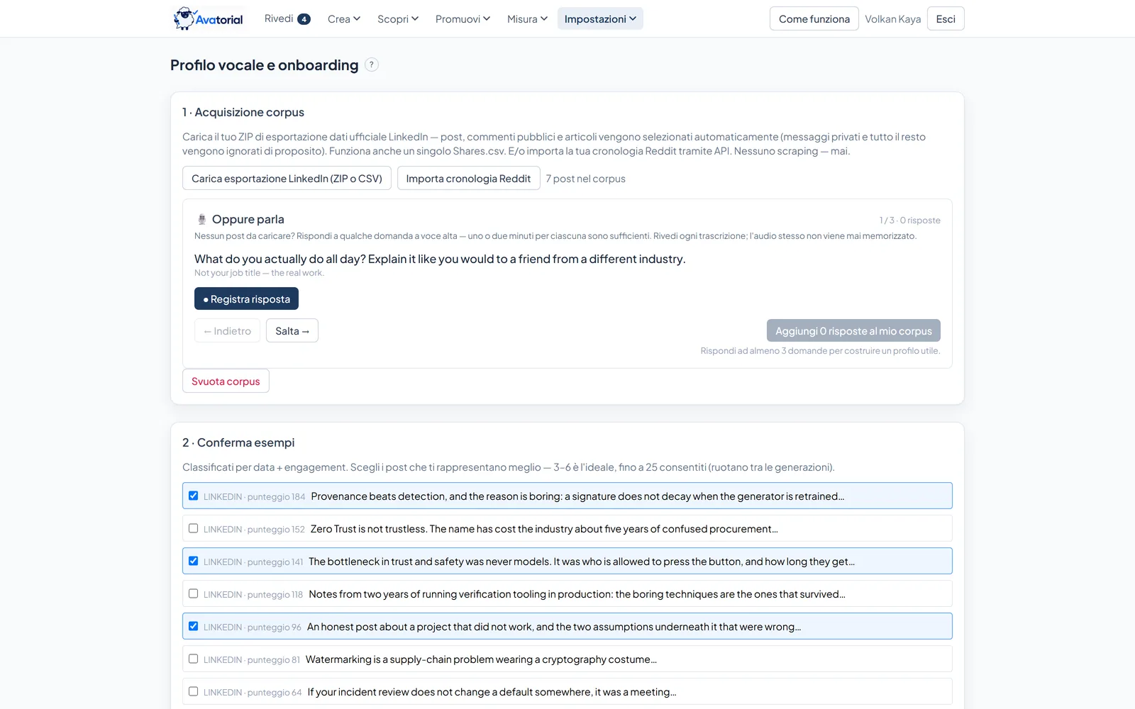 Schermata del profilo di voce di Avatorial: acquisizione dell’archivio LinkedIn e della cronologia Reddit, con post di esempio ordinati per coinvolgimento da confermare