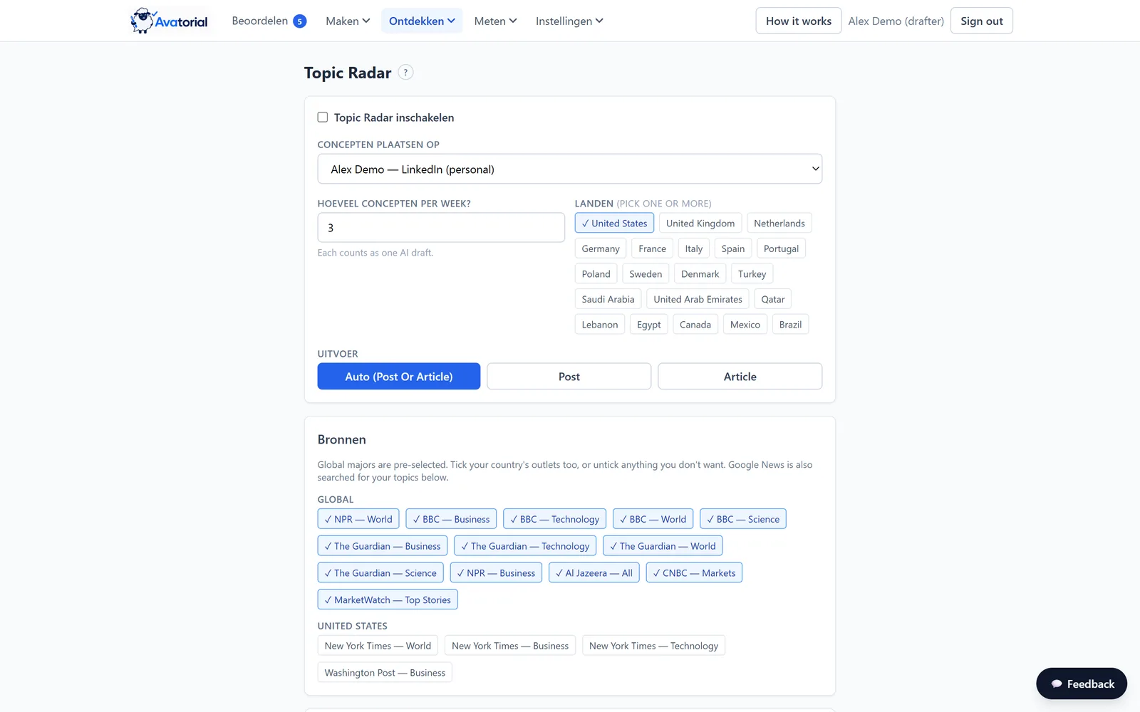 Avatorial Topic Radar configuratie: concepten per week, landselectie in 20 landen, bericht- of artikeloutput, en samengestelde nieuwsbronnen zoals BBC, The Guardian, NPR en CNBC