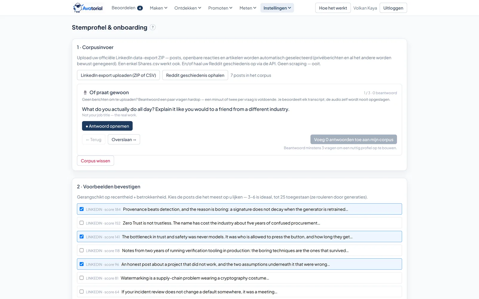 Avatorial-stemprofielscherm: inlezen van LinkedIn-archief en Reddit-geschiedenis, met voorbeeldposts gerangschikt op interactie die de gebruiker kan bevestigen