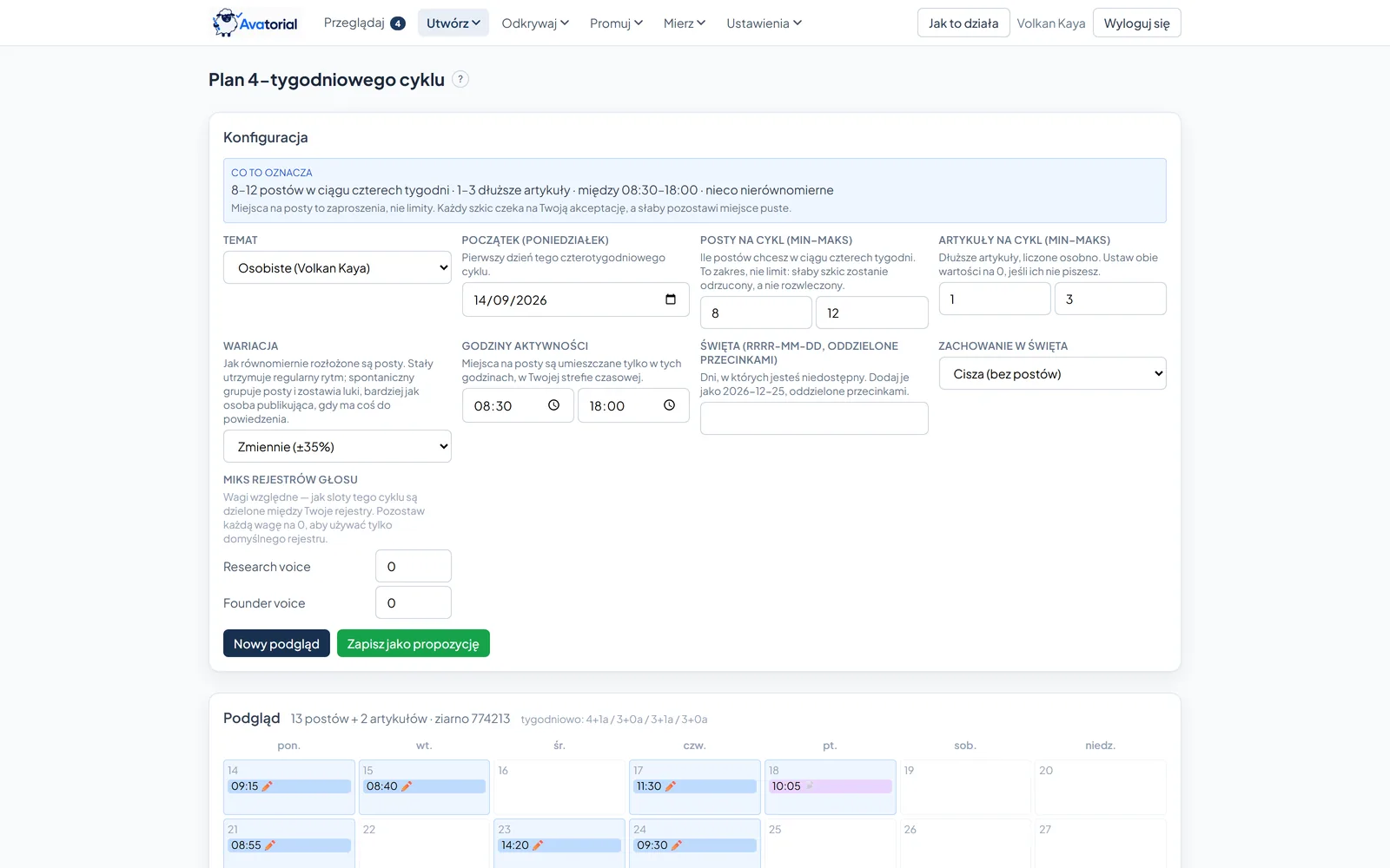 Czterotygodniowy plan cyklu w Avatorial: posty i artykuły na cykl, nastrój wariacji, aktywne godziny i zachowanie w święta, z propozycją planu czekającą na zatwierdzenie