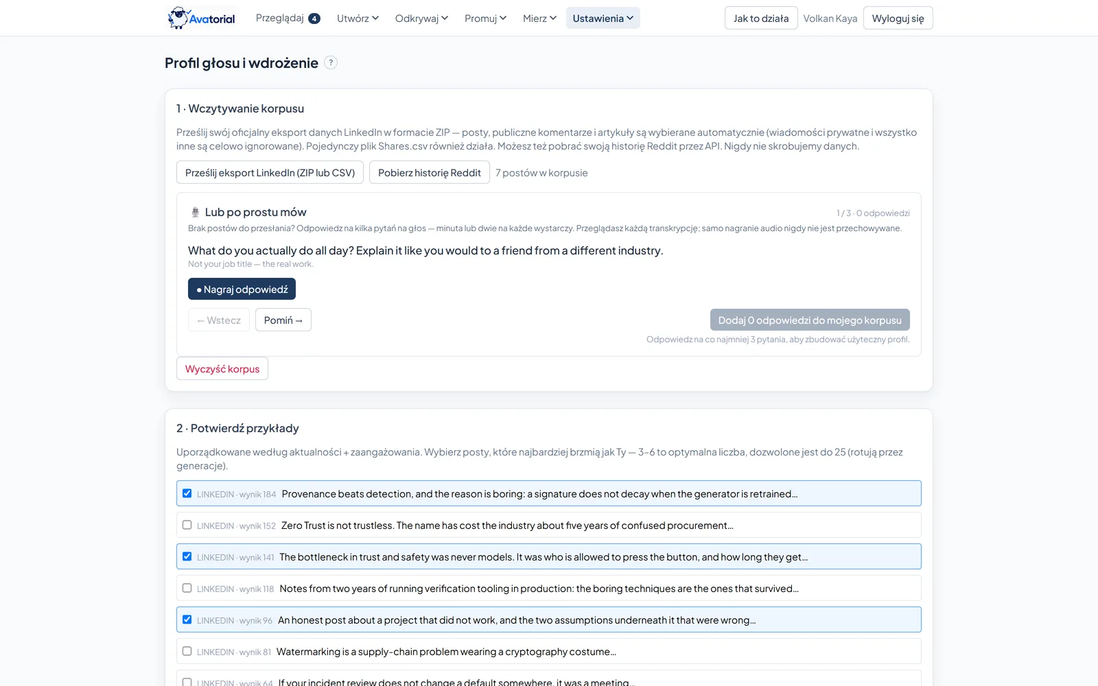 Ekran profilu głosu w Avatorial: wczytywanie archiwum LinkedIn i historii Reddit, z przykładowymi postami uszeregowanymi według zaangażowania do potwierdzenia