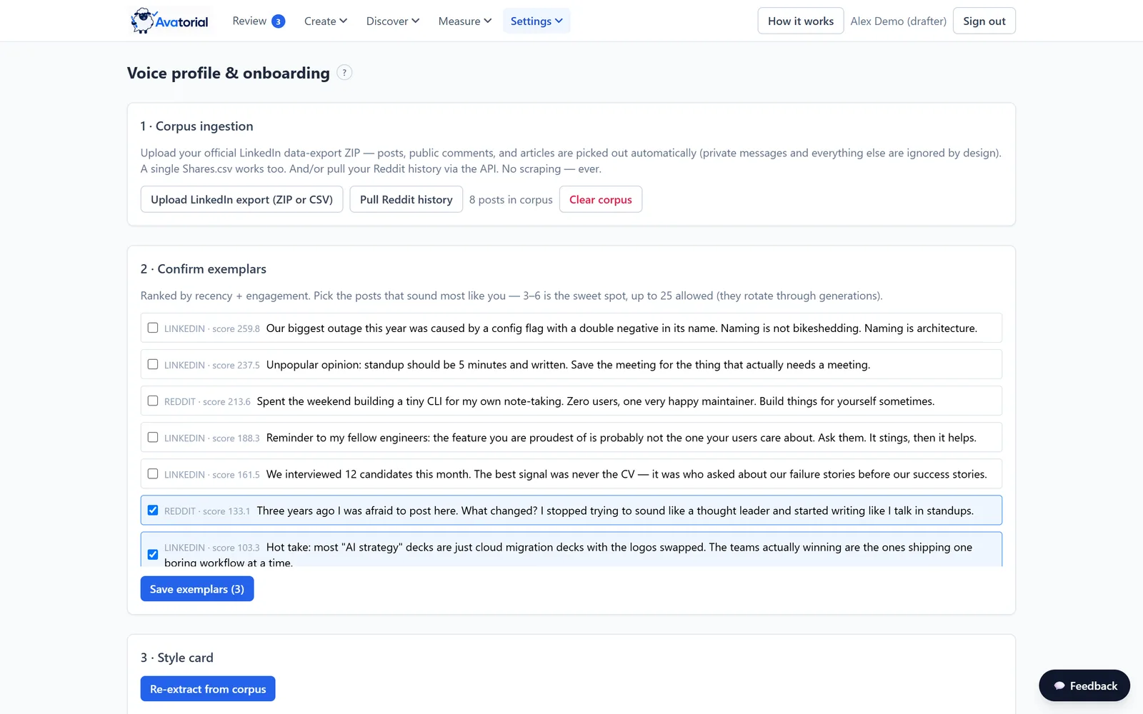 Avatorial stemmeprofilskærm: Indtagelse af LinkedIn-arkiv og Reddit-historik, og eksemplariske opslag rangeret efter engagement, som brugeren skal bekræfte